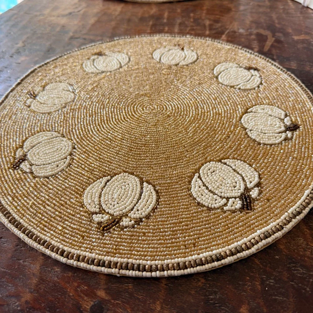 India Beaded Placemats Set of 6 Gold White New Pumpkin Harvest Fall Cottagecore